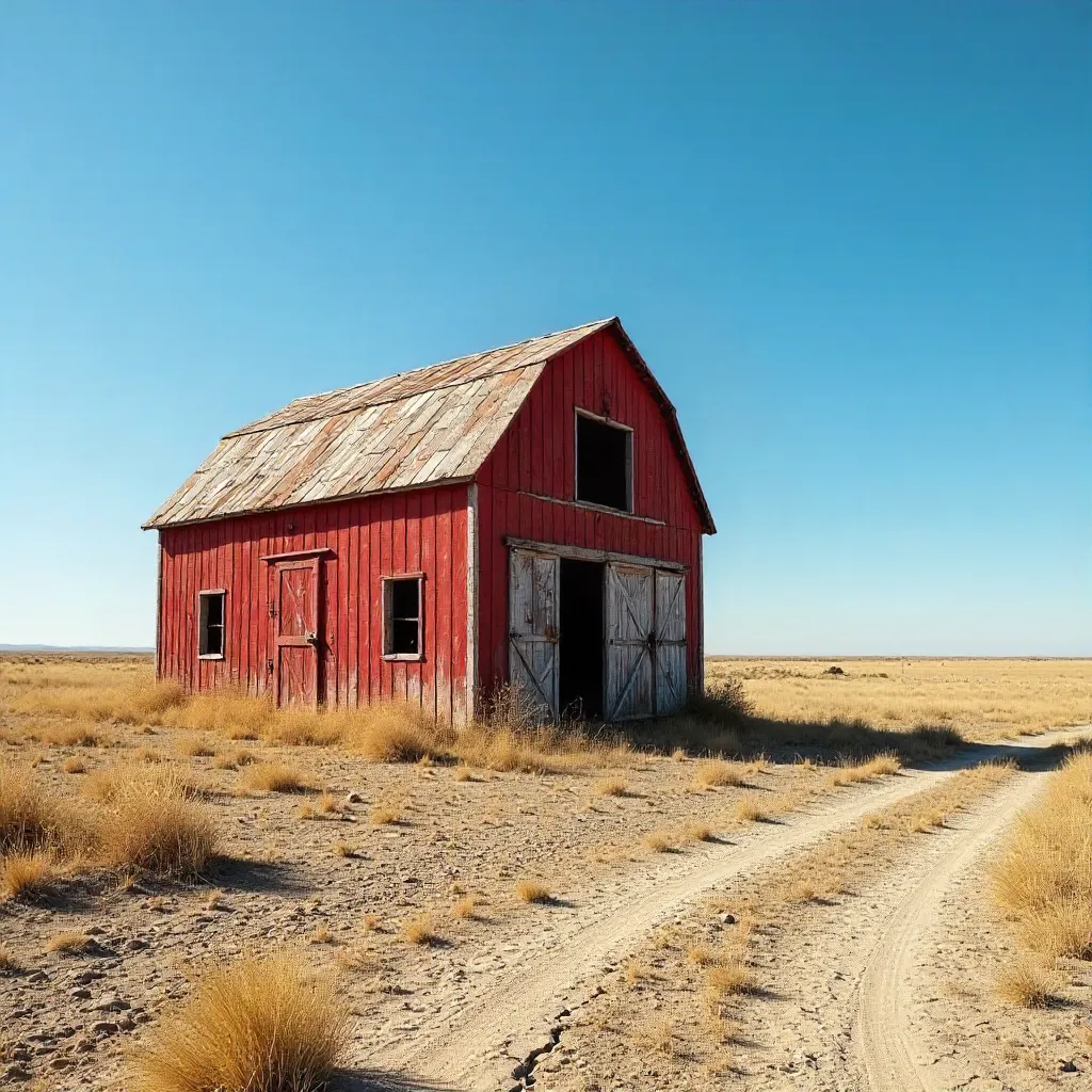 Isolated Weathered Red Barn on Dry Grassland