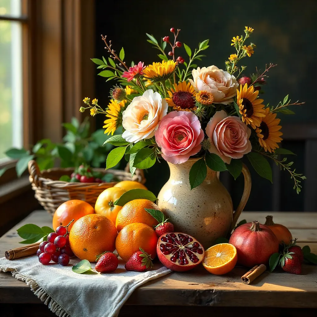 Cozy Rustic Fruit and Floral Still Life