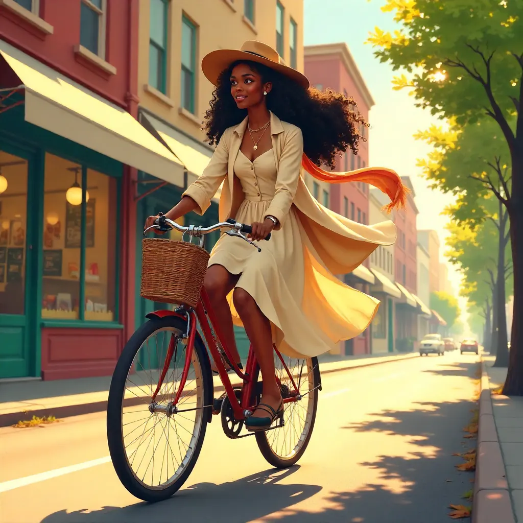 Elegant Black Girl on a Bicycle in Anime Style