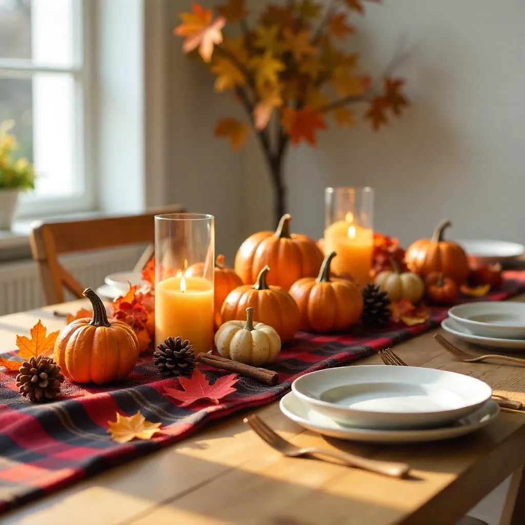 Autumn Table Decor: Cozy Harvest Centerpiece Stock Photo