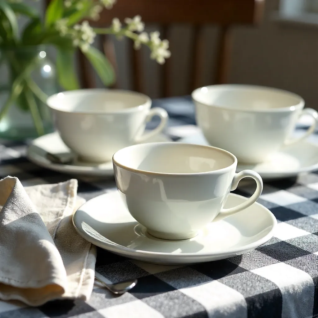 Elegant Ceramic Tableware on a Checked Tablecloth