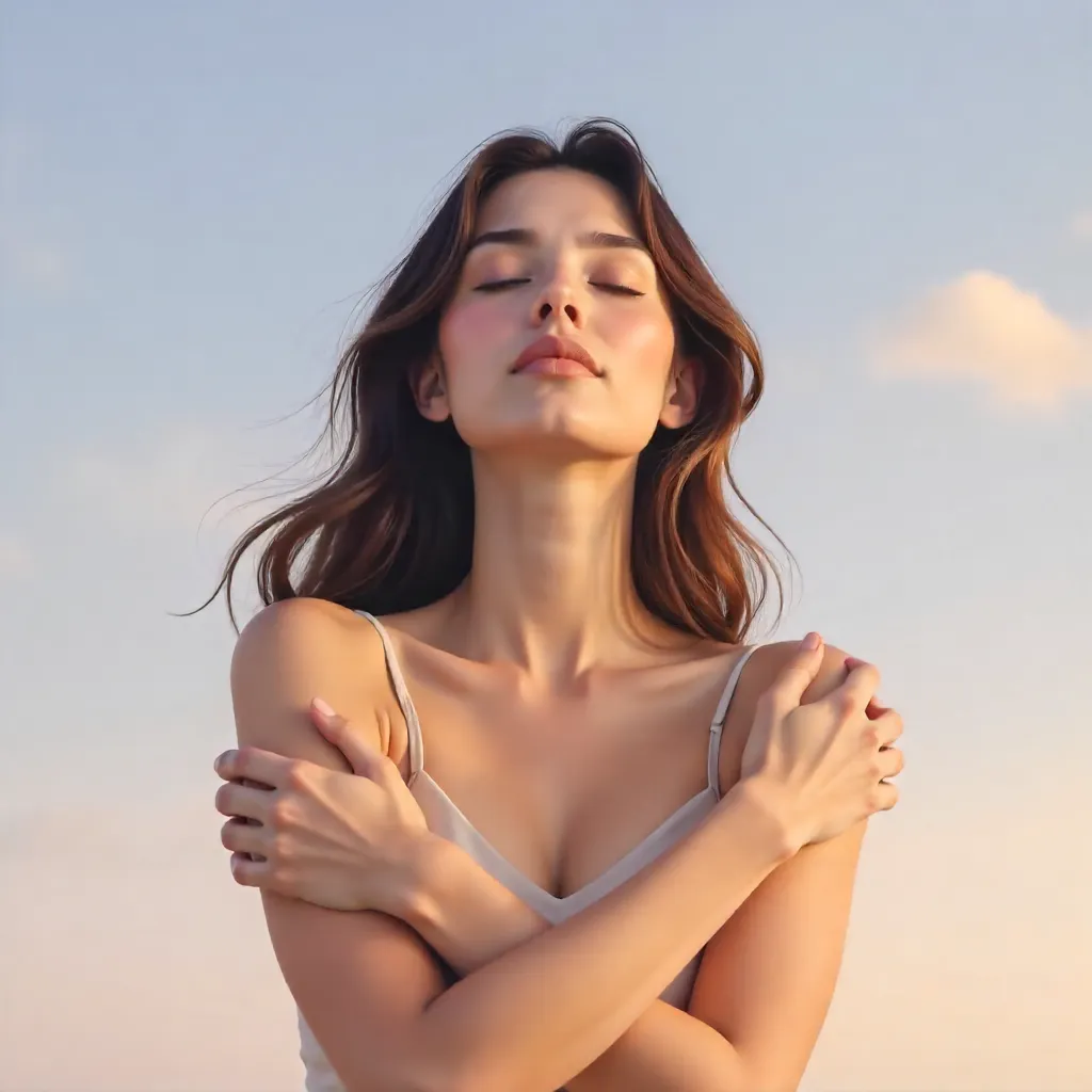 Serene Self-Embrace Portrait with Minimal Sky
