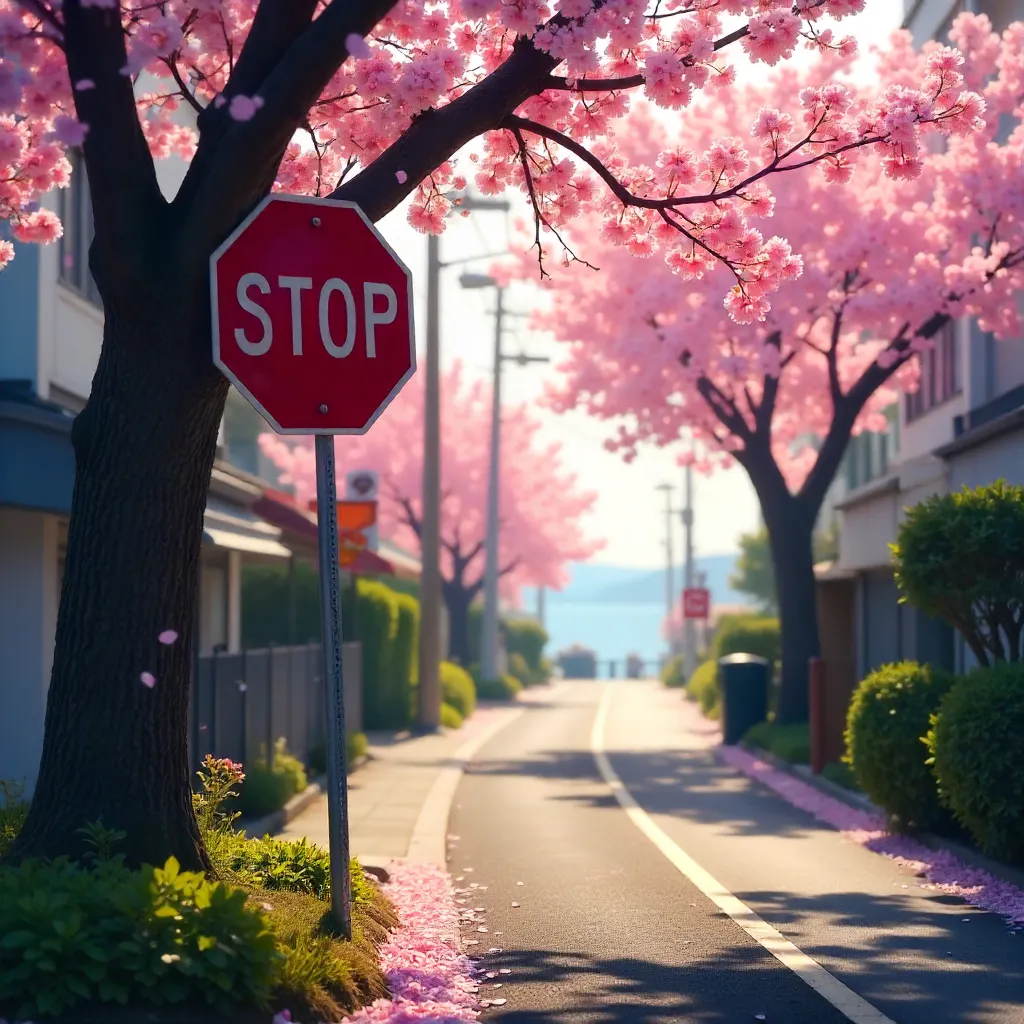 Stop Sign Amid Sakura in Atami, Spring