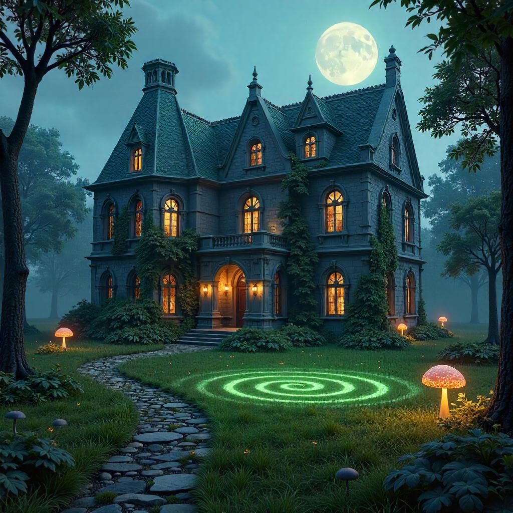 Grand Mansion Between Fairy Ring Mushrooms - 3D Render