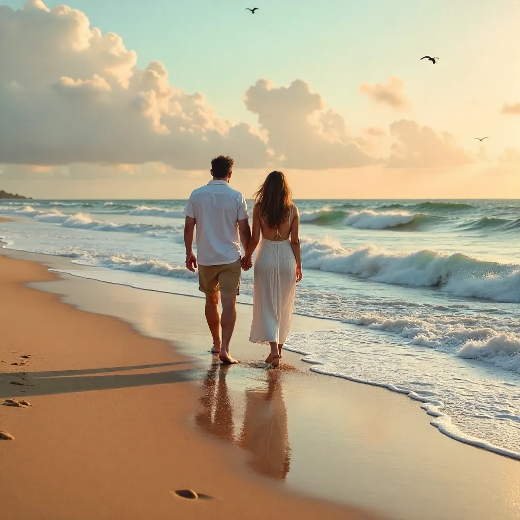 Golden Hour Beach Stroll Between Waves