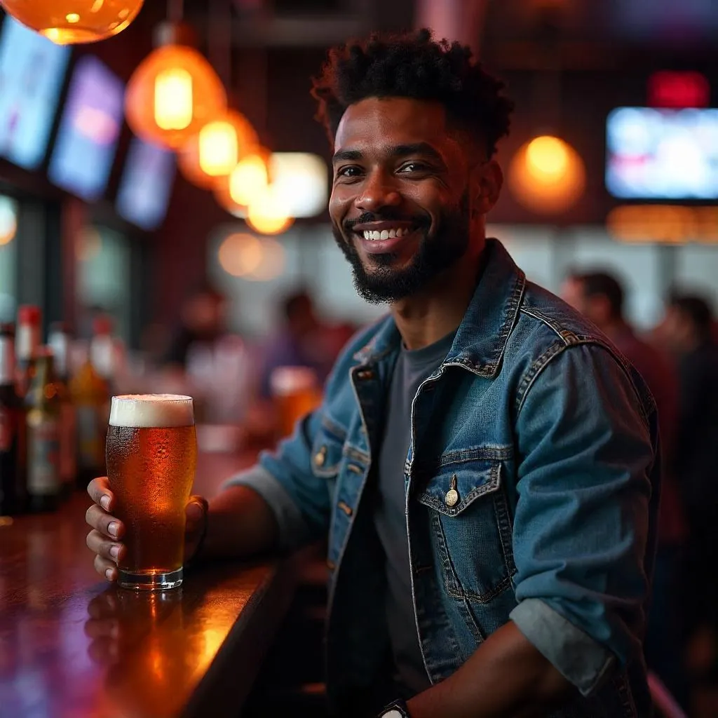 Handsome Black Man in a Lively Sports Bar