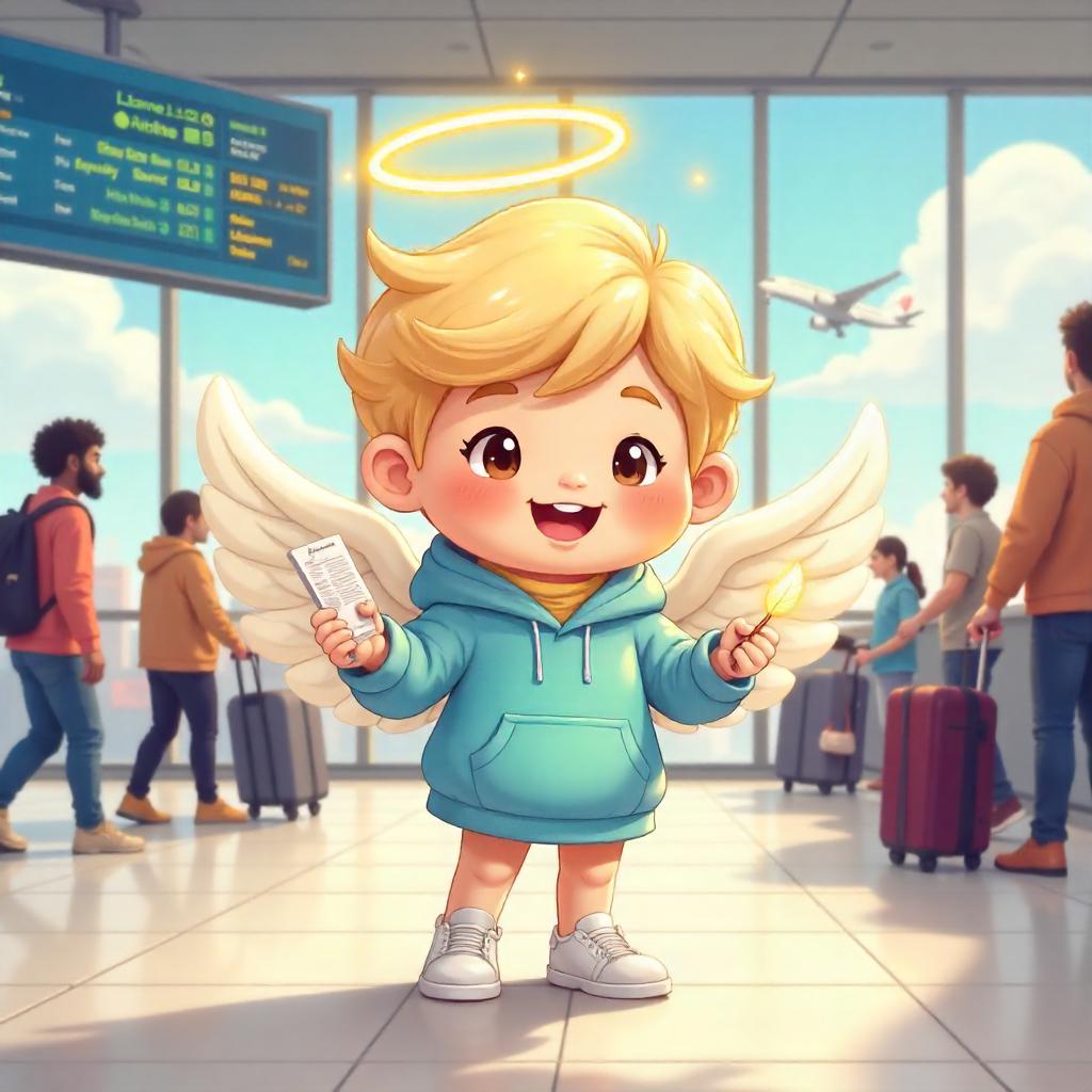 Whimsical Cartoon Angel at the Airport