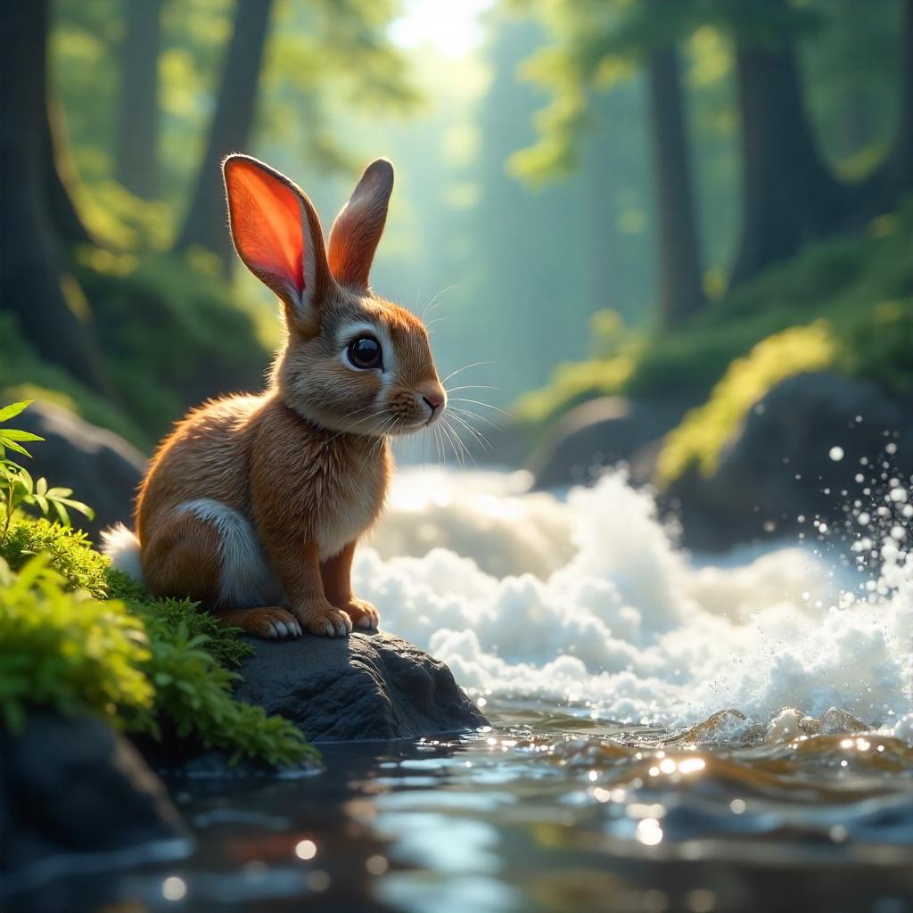 Rushing River Rabbit: a detailed 3D render