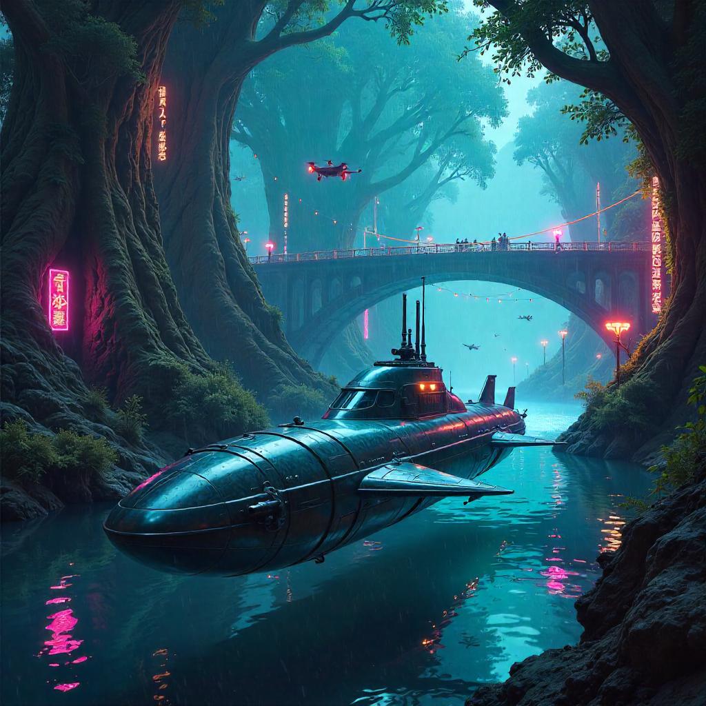 Neon Submarine in the Elven Cyber City