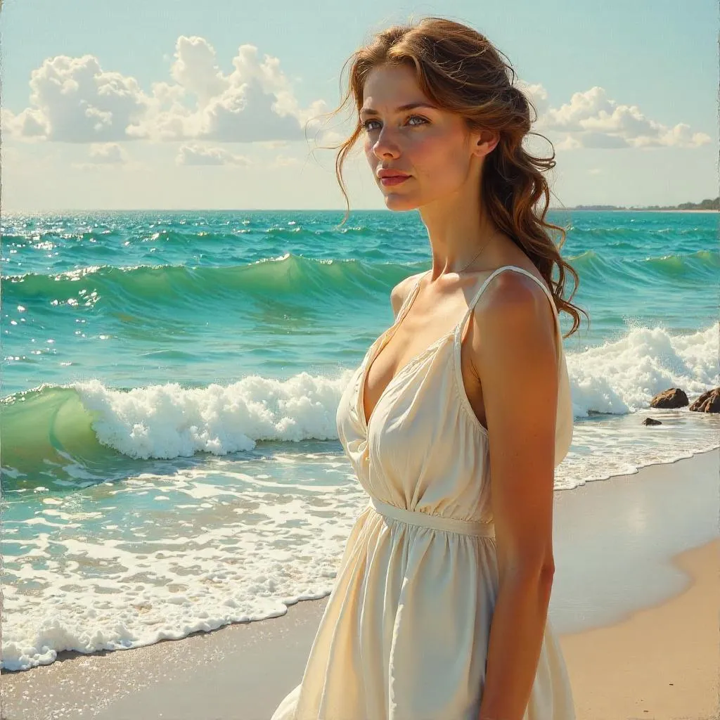 Ocean Whisper: An Elegant Oil Portrait by the Sea