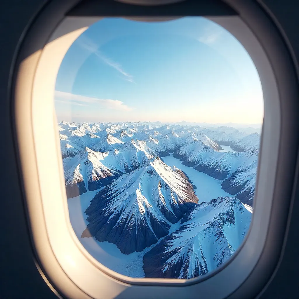 Aerial Vista: Snow-Capped Peaks from a Window