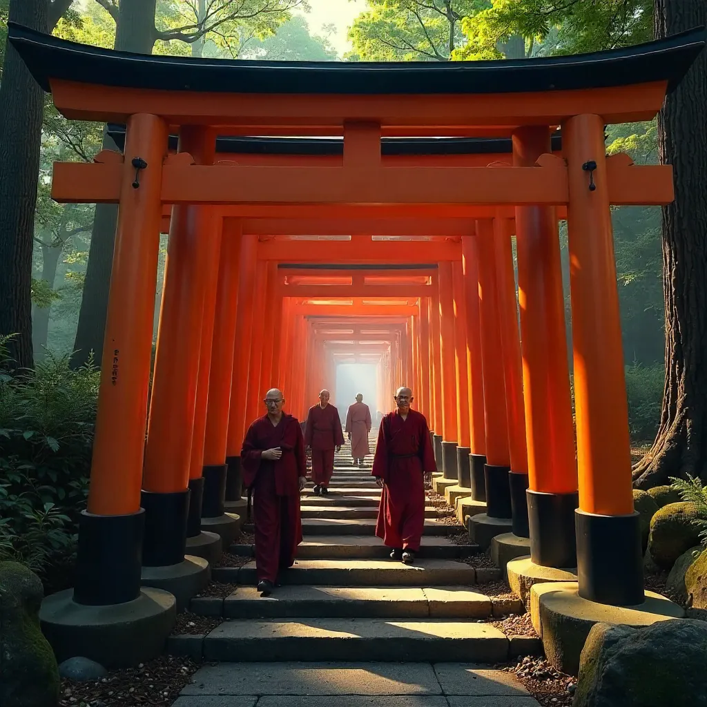 Monks Among Vermilion Torii at Fushimi Inari