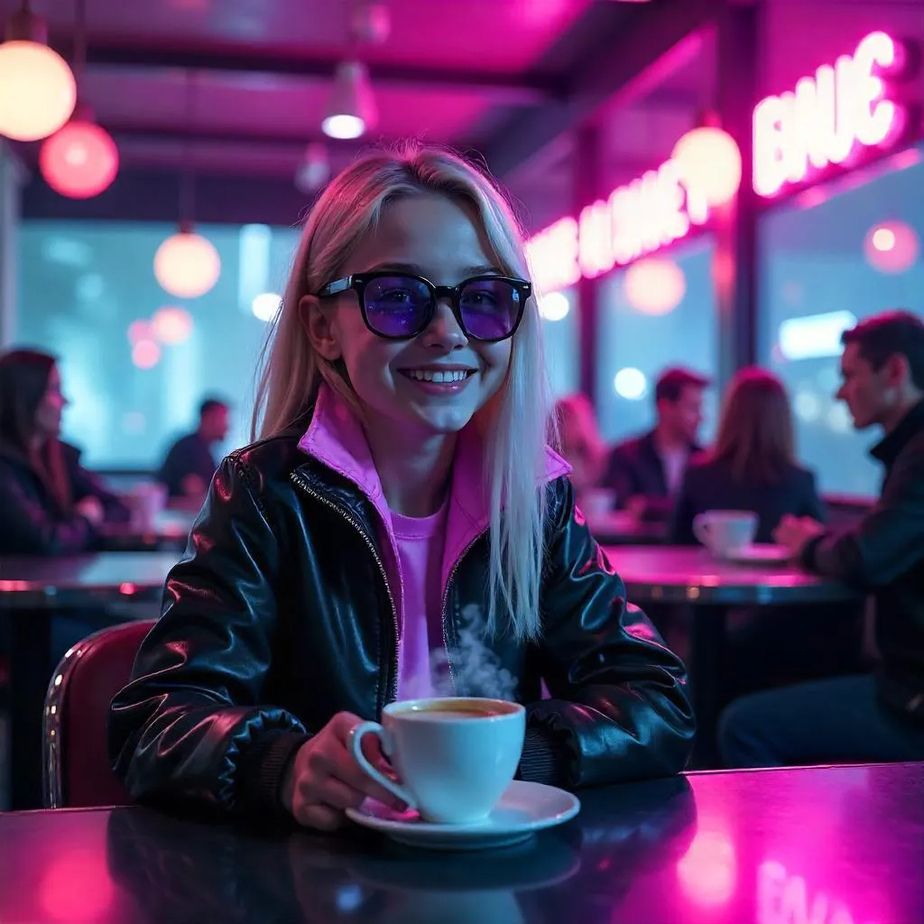 Cheerful Cyberpunk Café Portrait