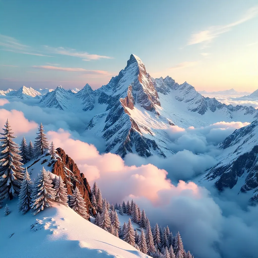 Snow-Capped Peaks Shrouded by Velvet Clouds