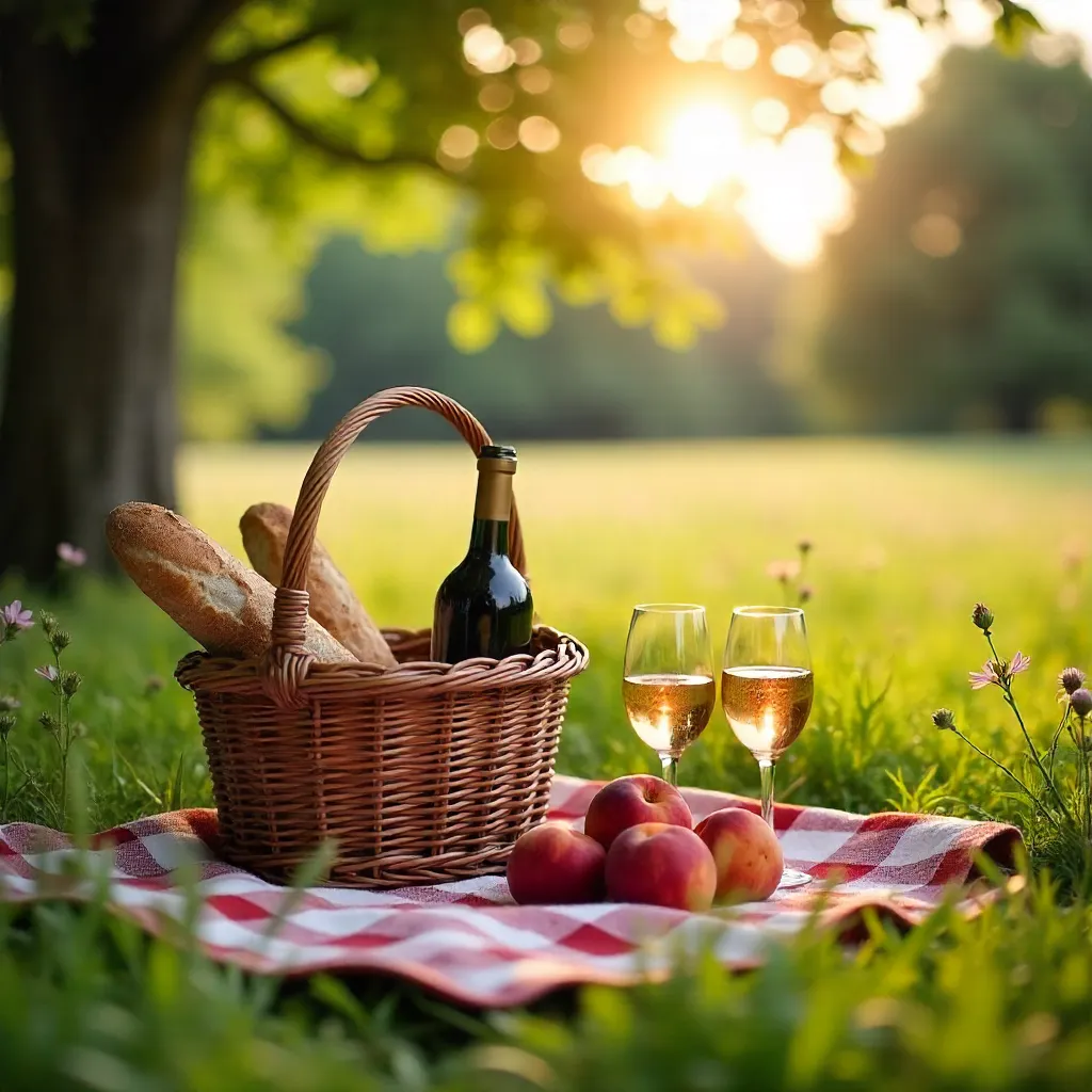 Cozy Summer Picnic with Wicker Basket and Peaches
