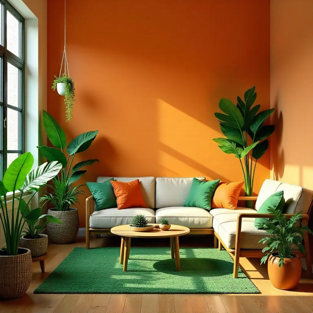 Orange-Walled Indoor Jungle Living Room