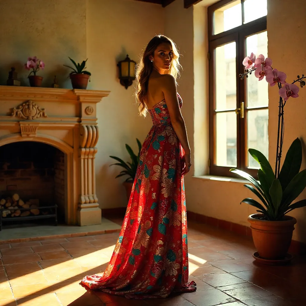 Indoor Vogue in Cuenca: Woman in a Vibrant Dress