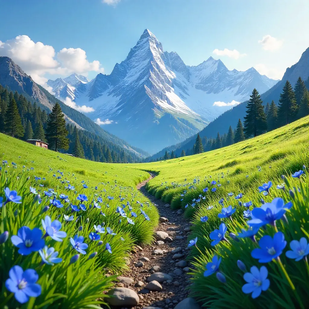 Snow-Capped Peaks Amid Spring Blue-Flowered Fields