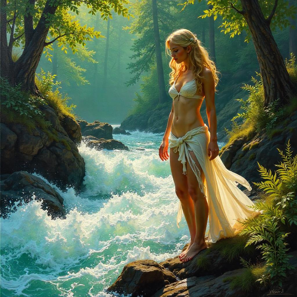 Nymph by a Rushing River in Oil