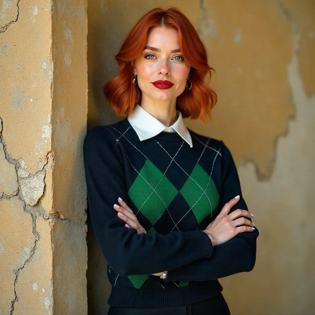 Fiery Red-Haired Style Against Textured Wall in Argyle Sweater