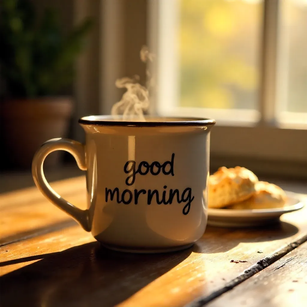 Cozy Morning: Coffee Cup, Text, and Biscuits