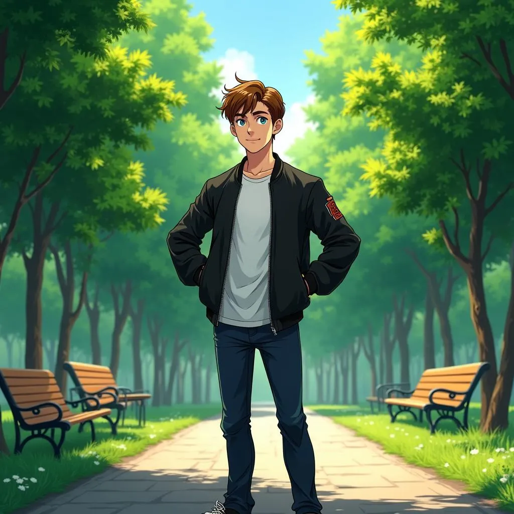 Confident White Man in a Park: Anime Portrait