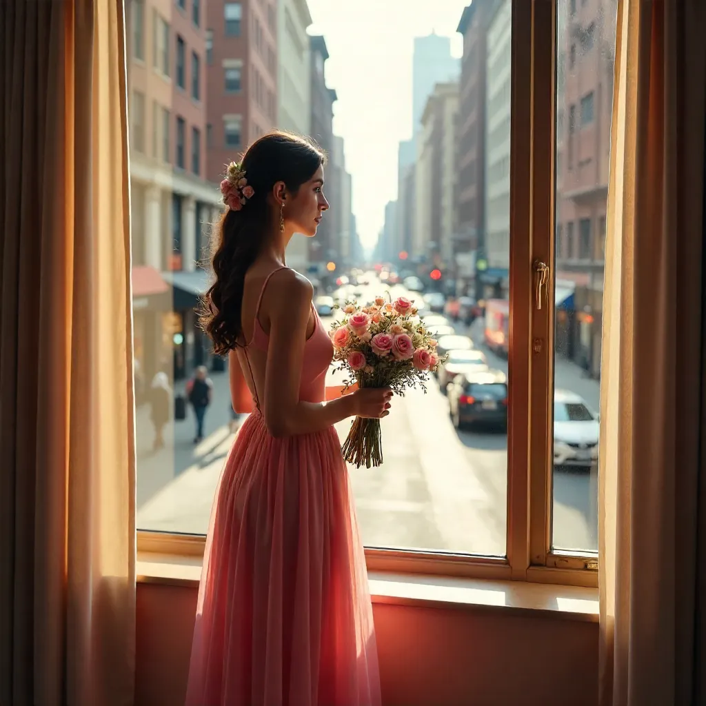Pink Dress by Window Overlooking City Street