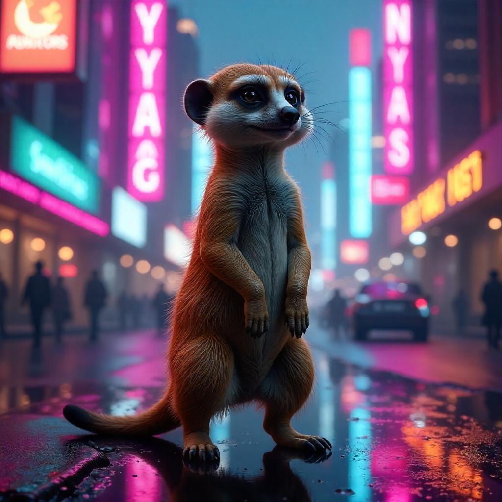 Neon Meerkat: 3D Render in a Cyberpunk City