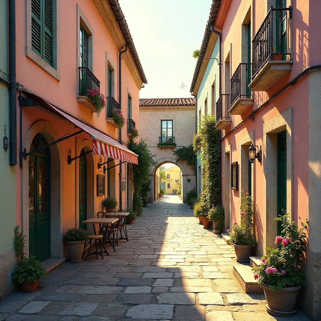 Pastel European Alley: Rustic Charm and Sunshine