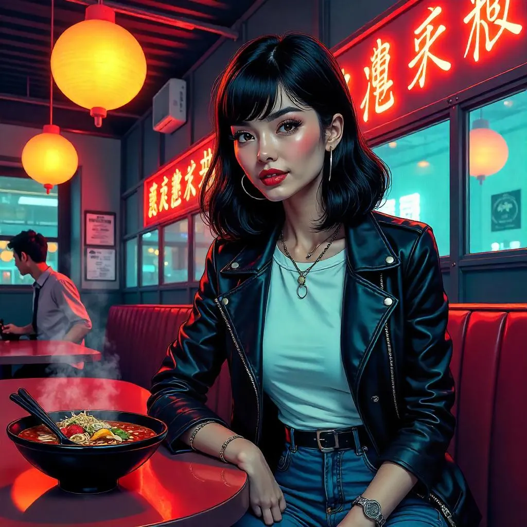 Neon-Soaked Restaurant Chic: Asian Woman in Comics