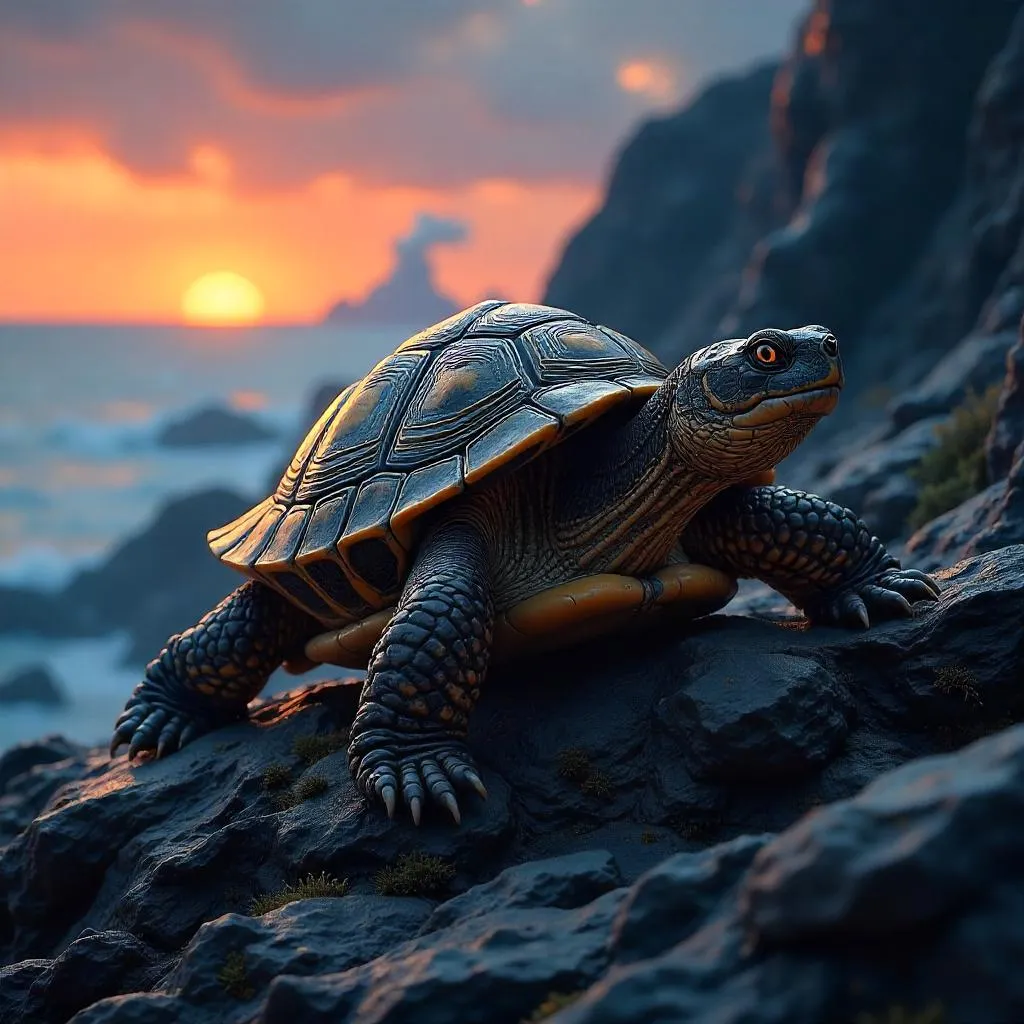Turtle Concept Art on Volcanic Rocks