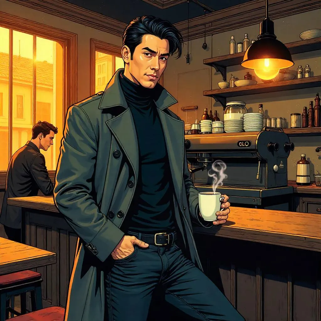 Stylish Asian Man in a Comic Coffee Shop