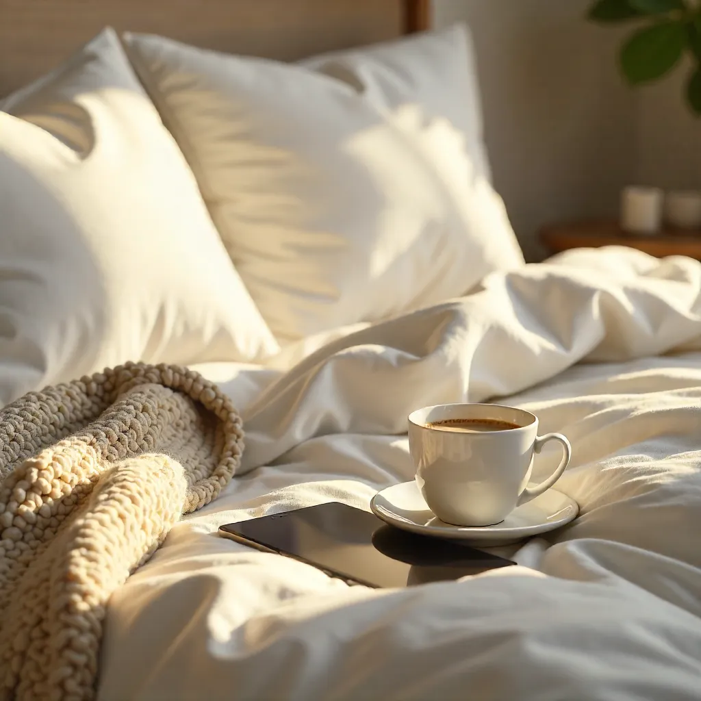 Cozy Bedside Coffee and Tablet Setup