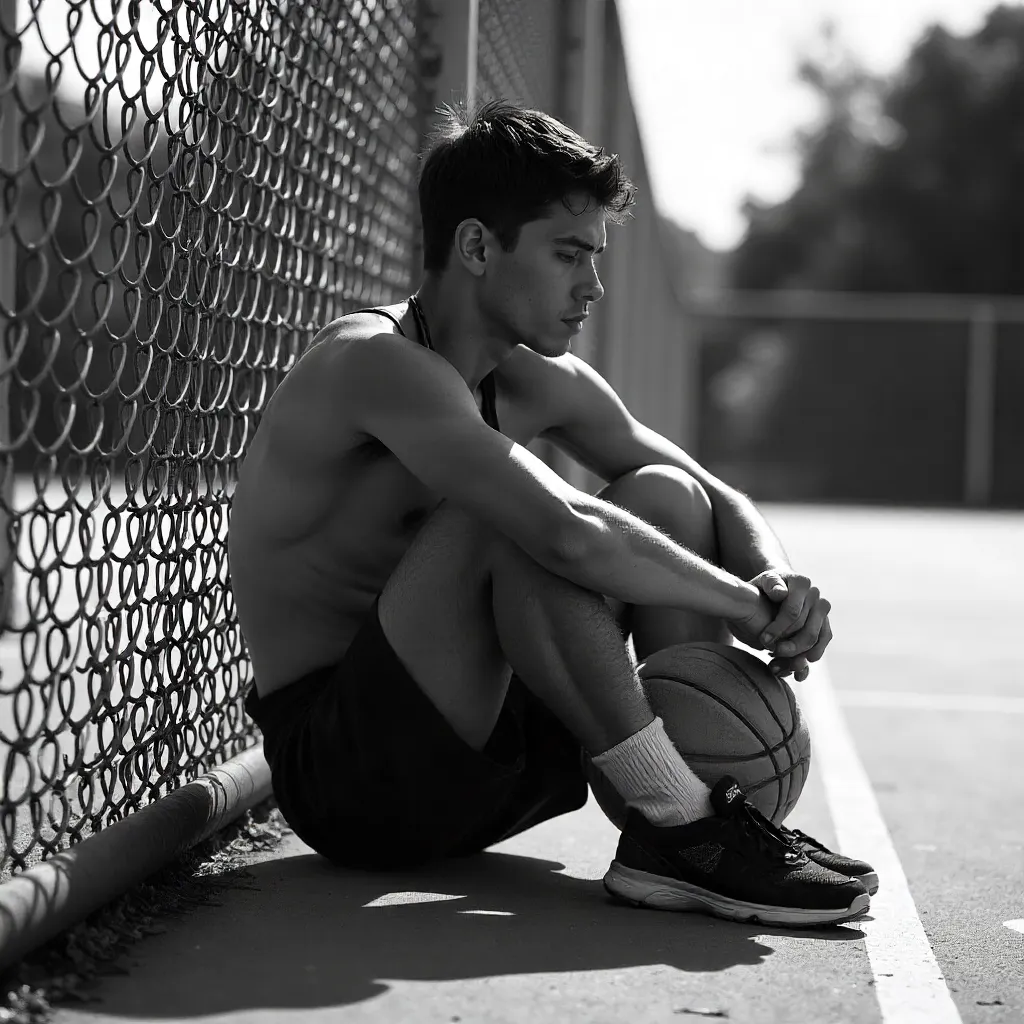 Contemplative Athlete on Outdoor Court (B&W)