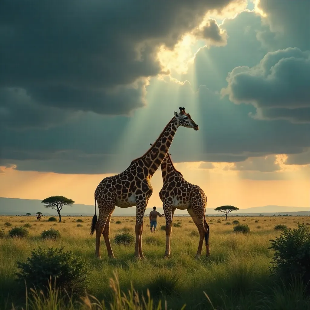 Two Giraffes Under a Dramatic Cloudy Sky