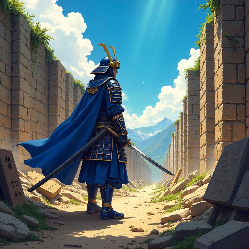 Anime-Style Samurai at a Desolate Archaeological Site
