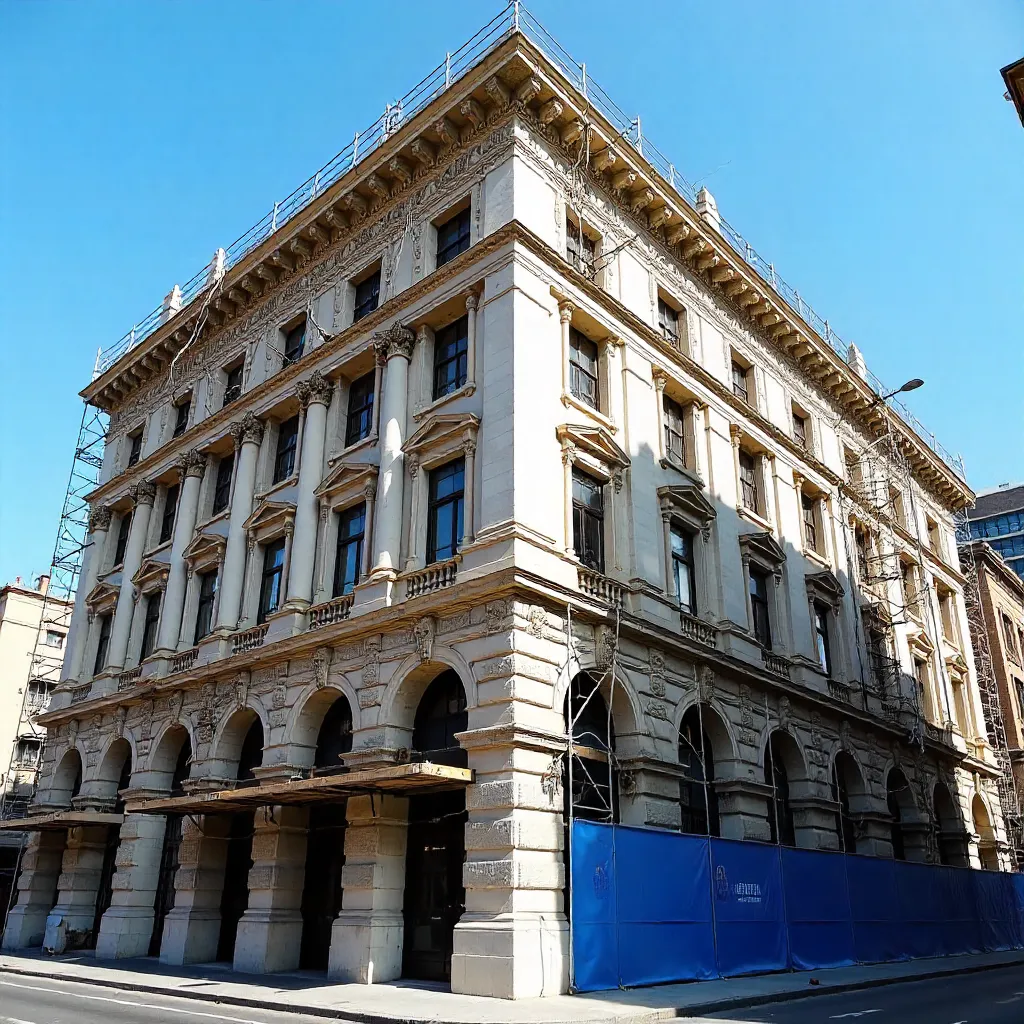 Historic Facade Under Renovation with Scaffolding