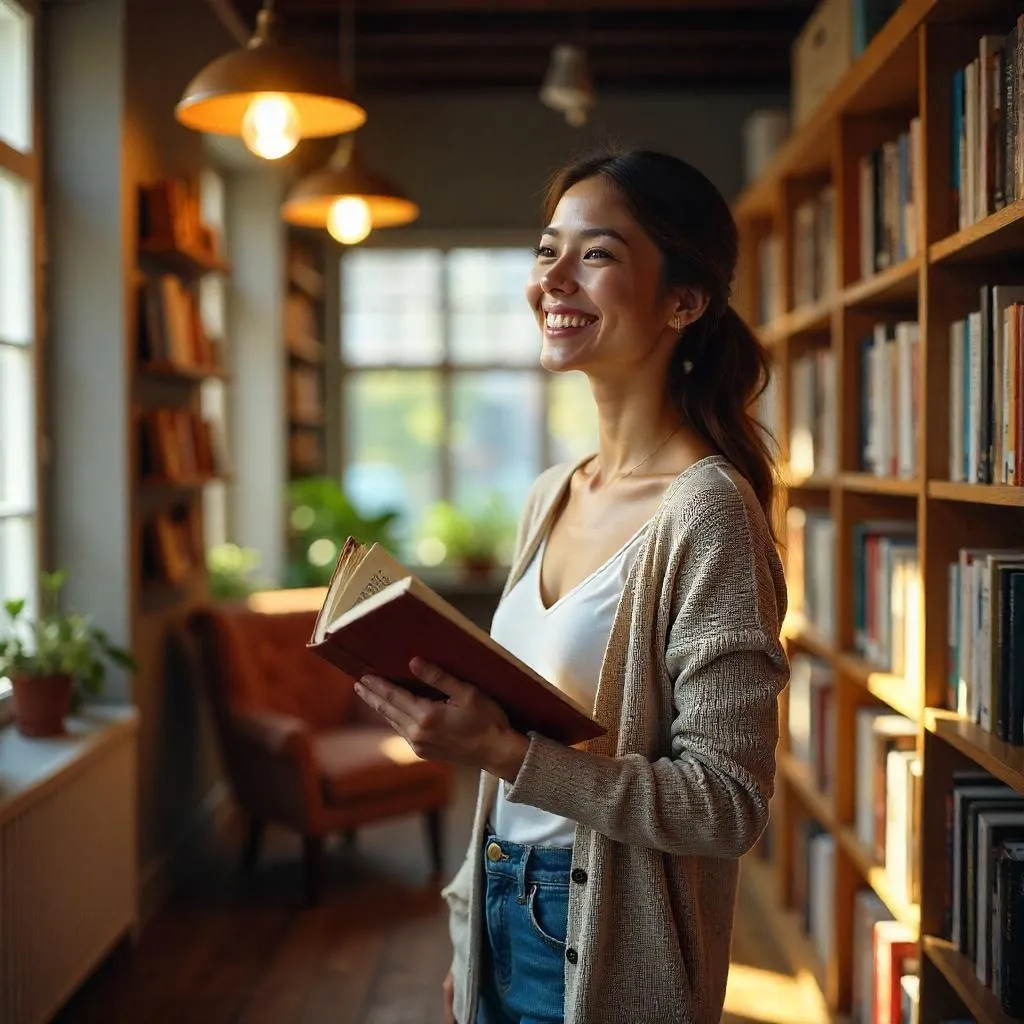 Cheerful Caucasian Woman in a Cozy Bookstore