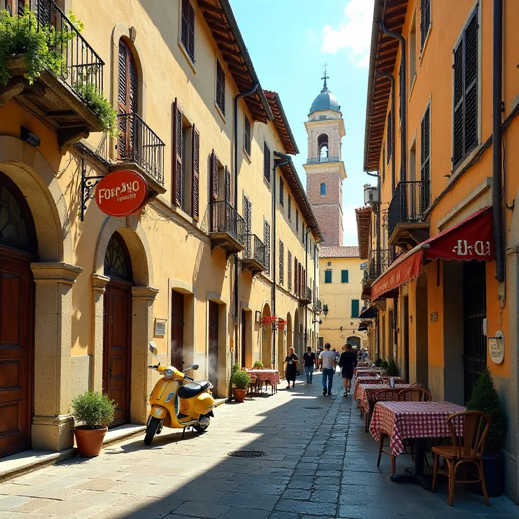 Sunlit Italian Street: FORNO Sign and Historic Facades