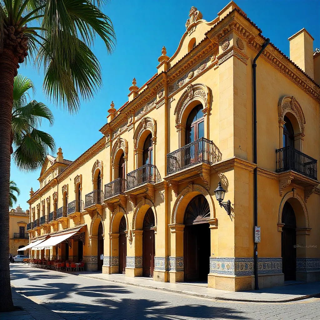 Sunlit Seville: Historic Building with Palm Trees