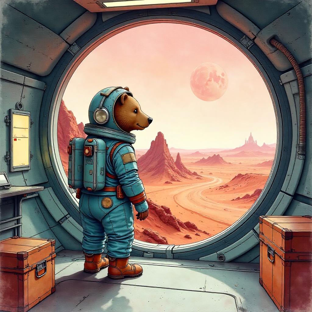 Watercolor Bear in a Mars Base