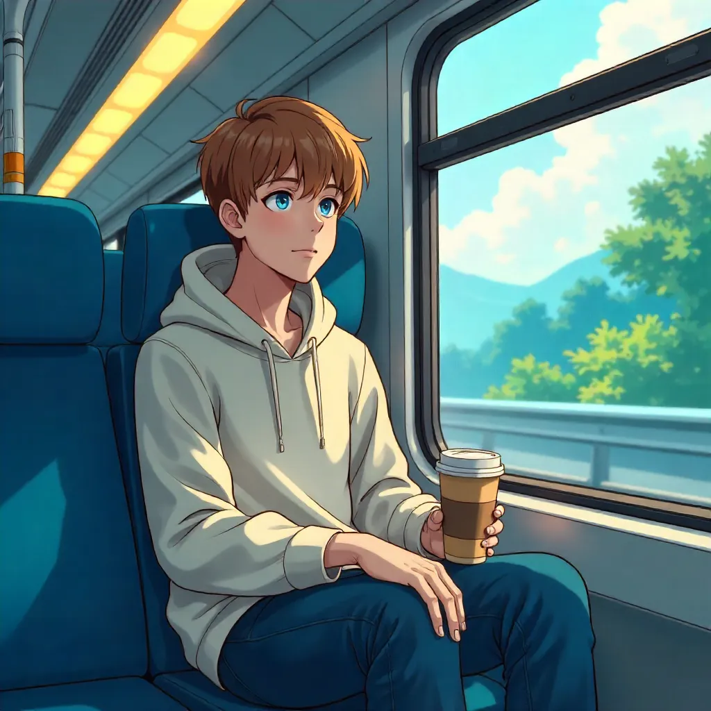 Anime Style: Young Adult Caucasian Man on a Train