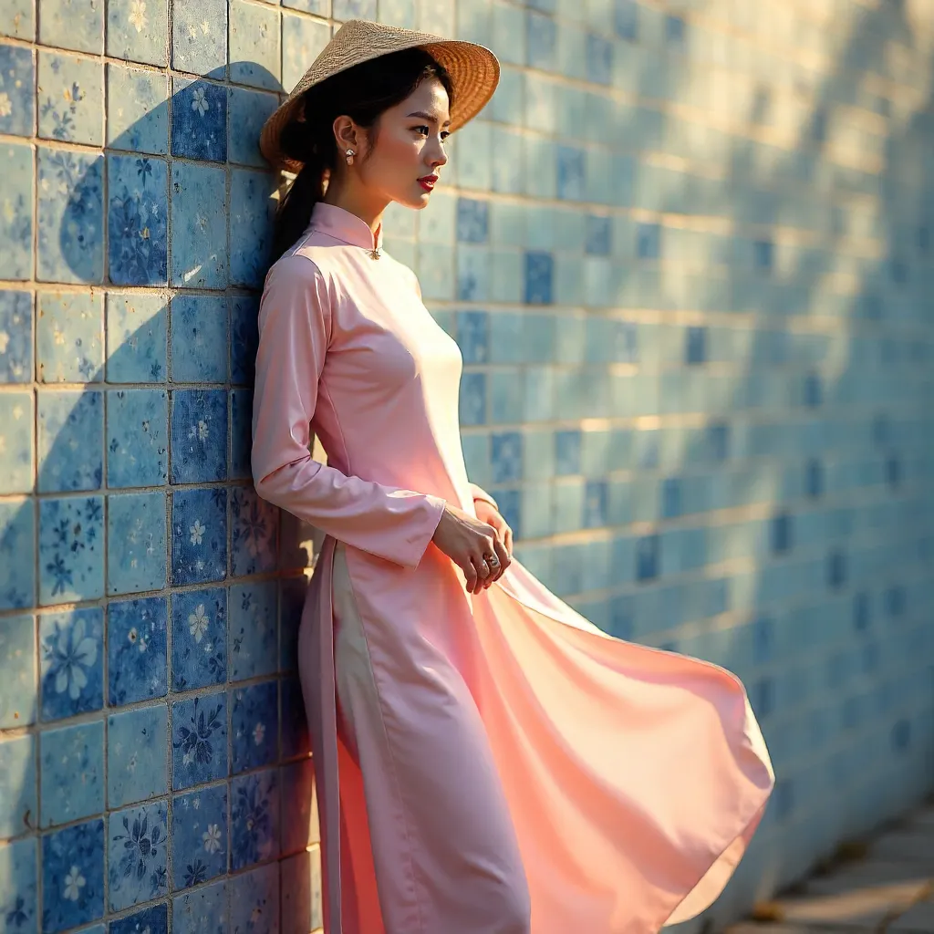 Pink Ao Dai by a Tiled Wall