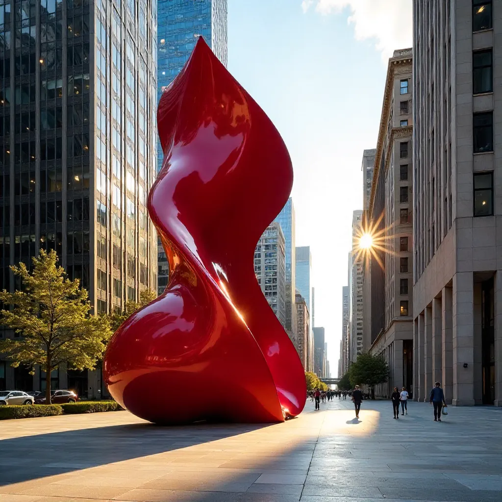 Red Sculpture Against Chicago Glass Skyscrapers