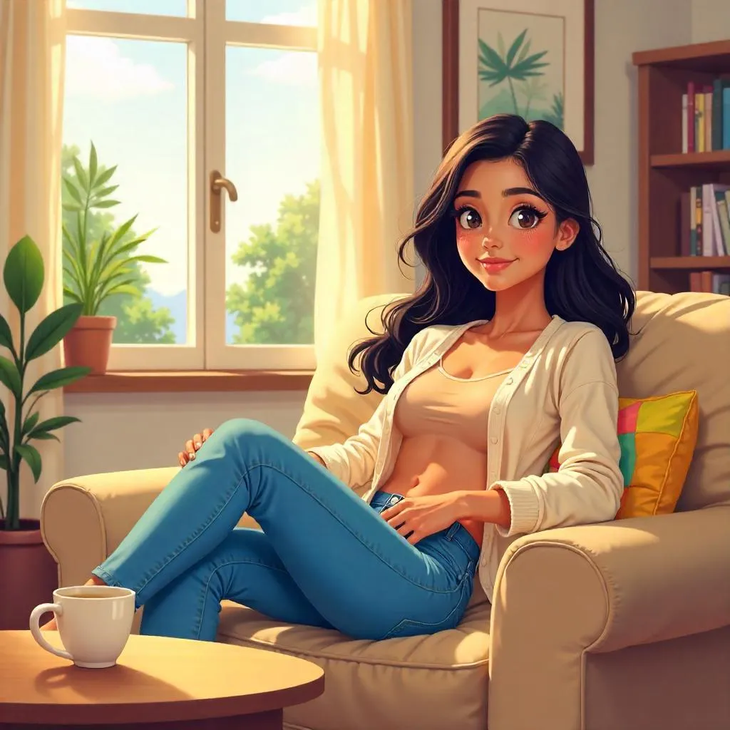 Young Latina Woman in a Cozy Anime Living Room