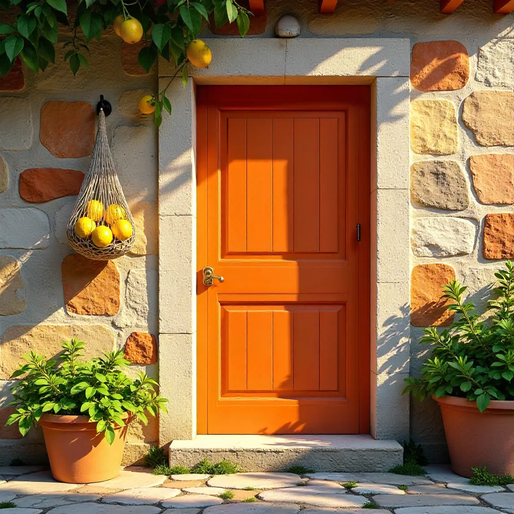 Bright Orange Door on Colorful Stone Wall with Lemons