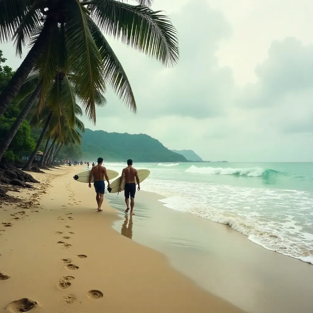 Peaceful Balinese Beach: Surfers Heading to the Waves