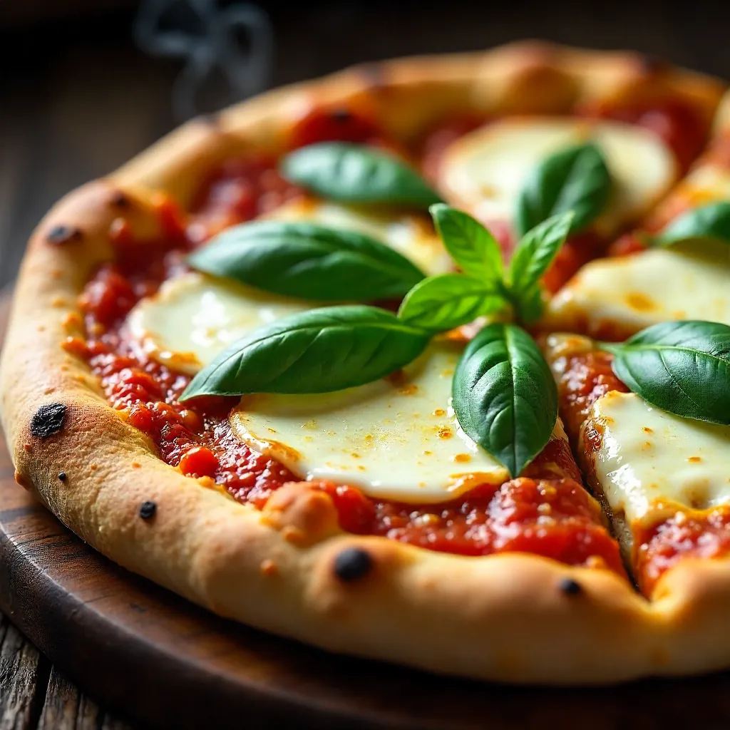 Macro Close-Up: Margherita Pizza with Basil & Mozzarella