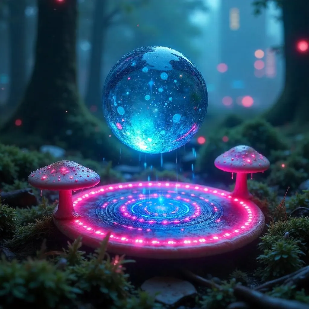 Neon Spirit Orb in a Fairy Ring Cyberpunk Forest