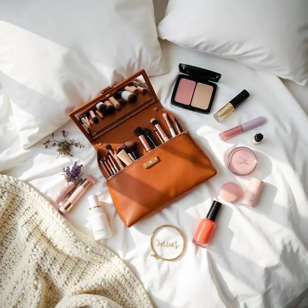 Cozy White Bed Flat Lay: Beauty & Makeup Bag